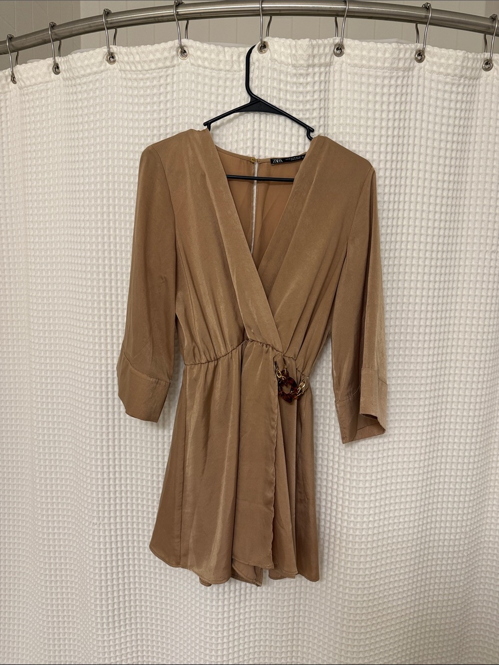 Zara Camel Satin Wrap Romper with Tortoiseshell Ring